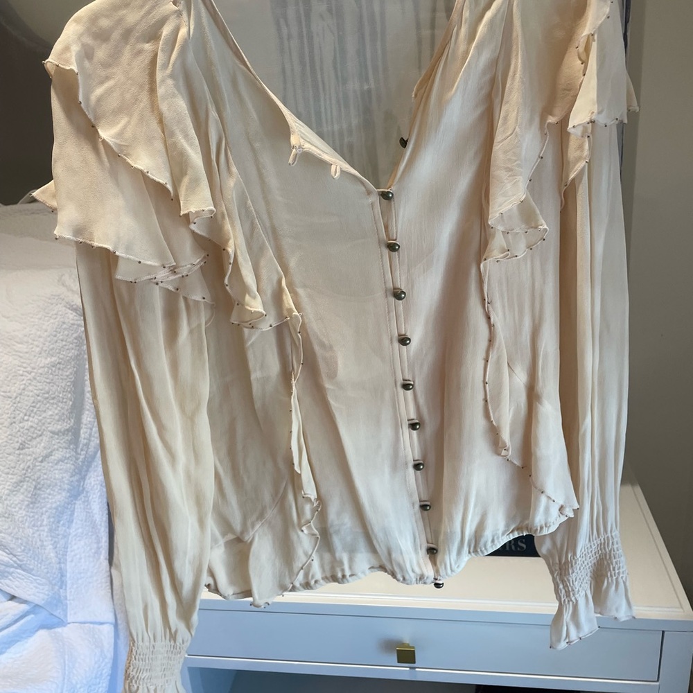 Love Sam Cream Button-Up Ruffle Blouse
